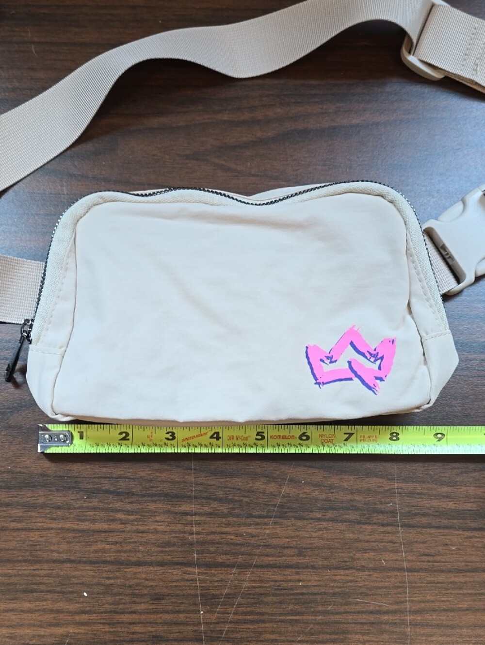 Beige Crossbody Fanny Pack with Pink Graphic Accent - Picture 5 of 6